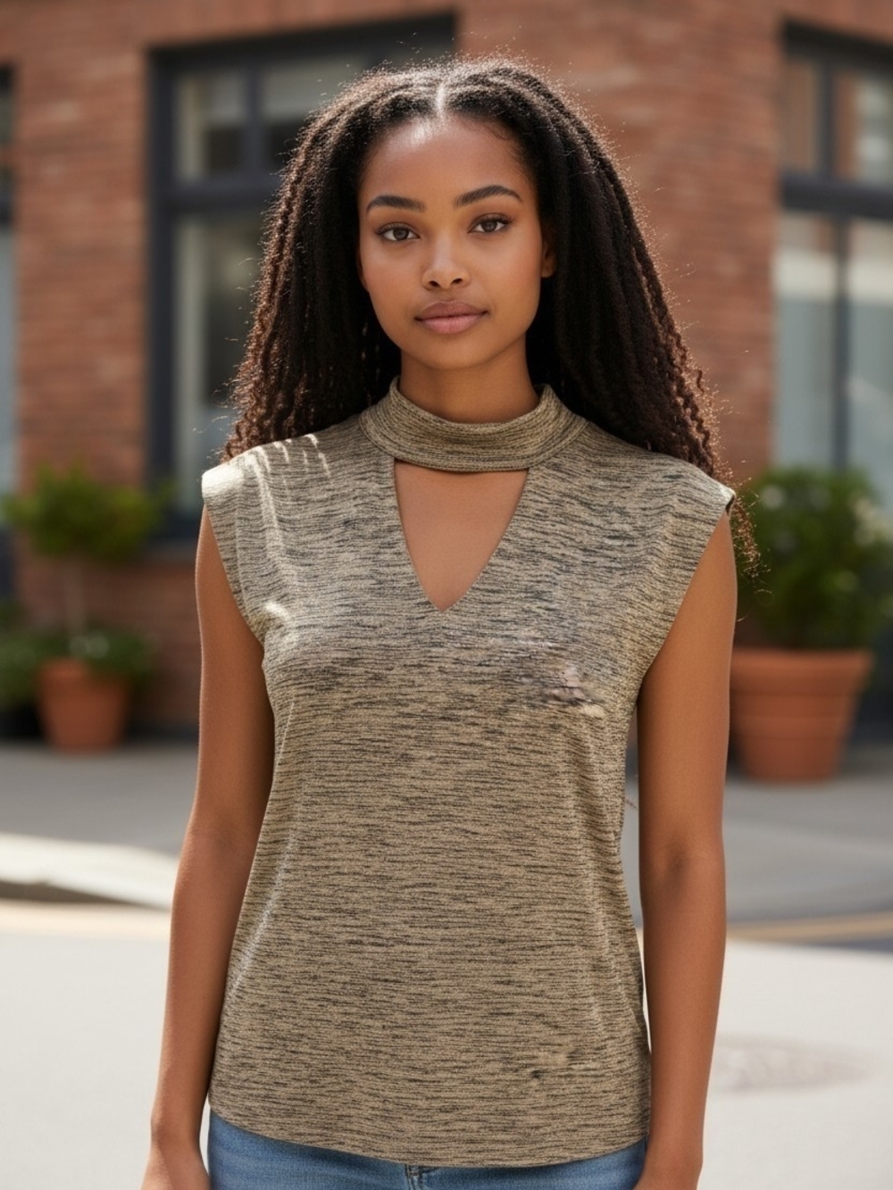 INC International Concepts Sleeveless Mock Neck Tank in Heathered Olive